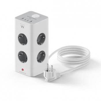 Regleta Múltiple Vertical 12 en 1 con 8 Tomas SHUCKO, 2 USB-A, 2 USB-C, Protección Sobretensión, Cable de 2m - Blanco/Gris