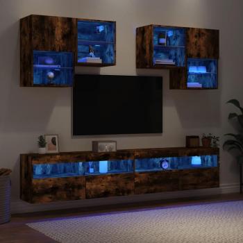 Juego de muebles de TV de pared de 6 piezas con luces LED en roble ahumado marrón
