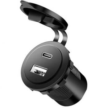 Adaptador de Carga USB Doble para Vehículos, USB-A y USB-C, 12/24V, 60W, Montaje Integrado con Tapa