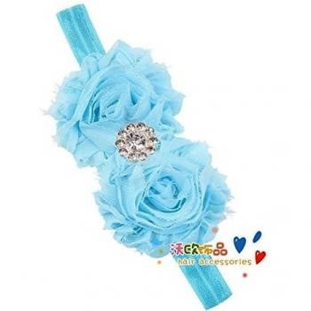 Bleu, bandeaux cheveux bébé/enfant double roses tissu