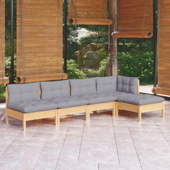 5 Piece Pinewood Garden Lounge Set with Gray Cushions