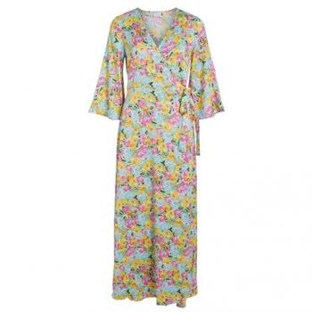 Vestido Midi Floral Amarillo con Cinturón y Mangas Kimono