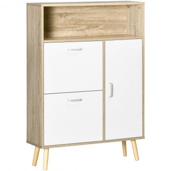 HOMCOM Mueble Zapatero para 8 Pares de Calzado con 2 Cajones Abatibles Armario y Balda 80x25,5x112,5 cm Natural y Blanco