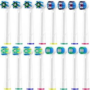 Recambios Cepillos Compatible con Braun Oral B Cepillo Eléctrico, Paquete de 16 Cabezales de Cepillos de Dientes, Incluye 4 Tipos Diferentes - Blanco