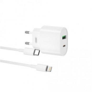 XO L81ATC Cargador de Corriente Tipo C y USB QC 3.0 20W + Cable Lightning - Carga Rápida - Protección Inteligente - Blanco