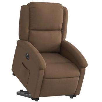 Sillón eléctrico reclinable elevable de tela marrón con respaldo, reposabrazos, asiento ajustable y función de relax