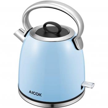 Hervidor de Agua Eléctrico Aicok, 2200W Cocción Rápida, Base 360 Grados, Calentador de Agua de 1.7L de Acero Inoxidable Mango Frío al Tacto y Filtro, Diseño Retro Azul