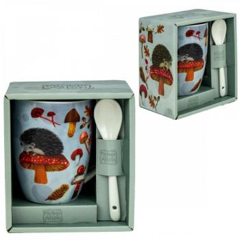 Taza de cerámica con cuchara Enesco Erizo, colorido diseño de erizo, incluye cuchara a juego, fabricada en cerámica resistente, capacidad para 300 ml, apta para lavavajillas y microondas