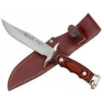 Cuchillo Muela Serie M 7100-M, mango zamak dorado y cachas de madera prensada coral, 110 gramos de peso + tarjeta multiusos de regalo