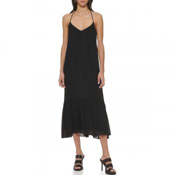 DKNY - Vestido midi de mujer con cuello pico y tirantes