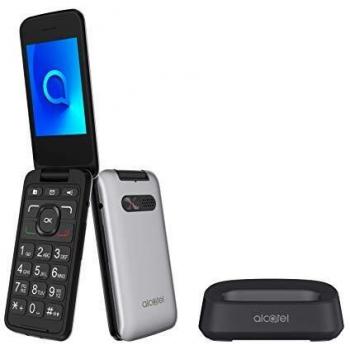 Alcatel 3026 - Teléfono móvil de fácil uso con tapa y base para cargar, botón SOS, Cámara 2MP con flash, teclas grandes, Plateado [Versión ES/PT]