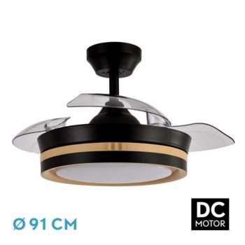 Ventilador de Techo Viper 48W con Luz LED, Color Negro/Madera, 3 Aspas Desplegables, 6 Velocidades Ajustables, 3 Temperaturas de Luz, Control Remoto, Temporizador