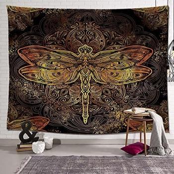 Tapiz psicodélico Boho Mandala Tapiz para colgar en la pared Ropa de cama Hippie Bohemia Dorada Libélula Art Manta de para la Decoración del Hogar Habitación o Dormitorio Salón 150x130cm