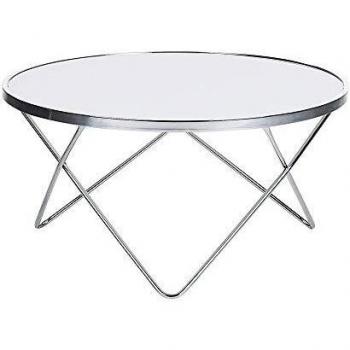 Mesa de Centro Redonda Blanca con Tablero de Cristal Templado y Patas de Metal Plateadas Meridian II