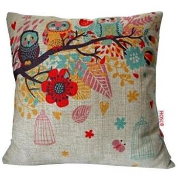 Funda decorativa para almohadón, de forma cuadrangular, mezcla de algodón y lino, con diseño de búhos con jaula, 45 cm x 45 cm., algodón, lino, multicolor, 45,72 x 45,72 cm