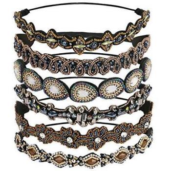 LINGSFIRE Banda para el cabello hecha a mano de 6 piezas, diadema elástica con cuentas de diamantes de imitación diadema con cuentas de cristal para mujeres accesorios para el cabello diadema