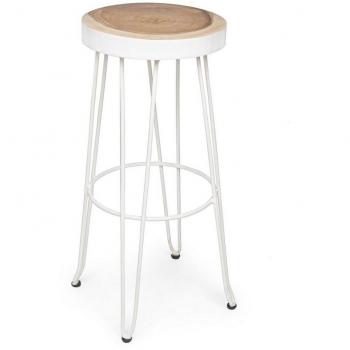 Taburete de bar Rakel blanco de madera y metal, estilo natural, medidas: Asiento Ø33 cm, Base Ø44 cm, Altura 74 cm