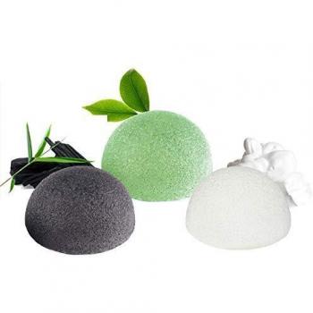 Esponja Konjac Facial (3 Piezas), Konjac Esponge Set para Limpieza y Exfoliación Profunda de Poros, 100% Naturales Carbón de Bambú/Té Verde/Esponja Blanca, Esponjas Faciales para Todo Tipo de Piel