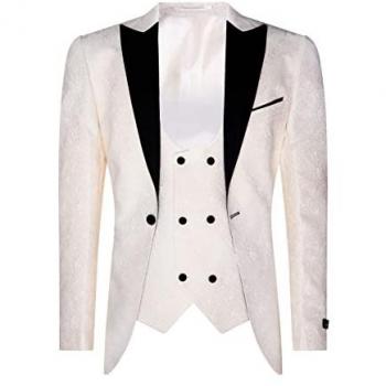 Beige Men's Tuxedo Blazer Waistcoat Brocade Ivory Satin Paisley Dinner Jacket - Size 38
