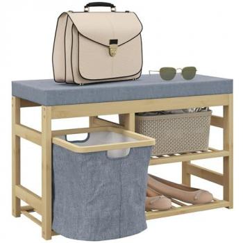 Banco zapatero de bambú con asiento, cesta extraíble y estantes abiertos para 4 pares de zapatos, dimensiones 69x30x45 cm, color natural
