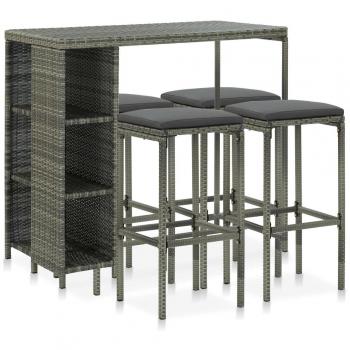 5-Piece Grey Poly Rattan Garden Bar Set with Cushions