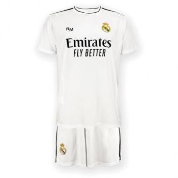 Conjunto Junior Primera Equipación Real Madrid 24/25 - Kit réplica oficial de la primera equipación de fútbol del Real Madrid C.F., incluye camiseta y pantalón, color blanco, para niños de 10 años, con licencia oficial