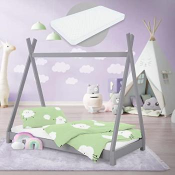 Cama Infantil Tipi de Madera Maciza de Pino Gris 80x160cm con Colchón Espuma Fría Oeko-Tex y Somier de Listones