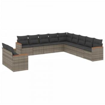 11-Piece Grey Poly Rattan Garden Sofa Set with Cushions