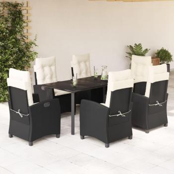 7-Piece Black Poly Rattan Garden Dining Set with Cushions
