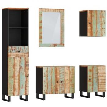 Conjunto de Muebles de Baño 5 Piezas Madera Maciza Reciclada con Espejo de Tocador, Mueble de Lavabo, Armario y Espejo