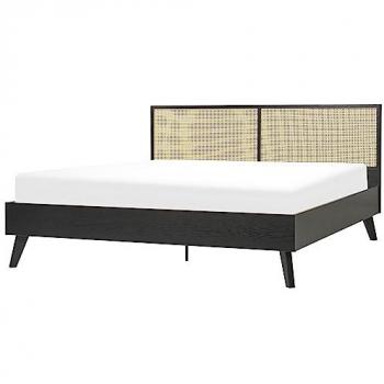 Cama Super King Size 180x200 cm en Ratán Negro con Cabecero Trenzado y Estructura de Madera Clara