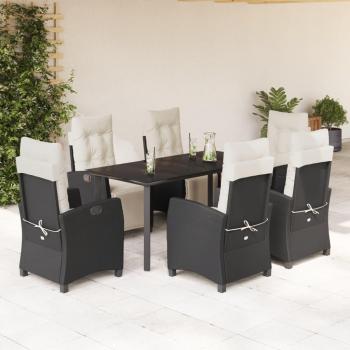 7-Piece Black Poly Rattan Garden Dining Set with Cushions