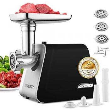Meykey Picadora de Carne Eléctrica, 2000W Max, 3-IN-1 Salchicha y Máquina Picadora Carne con 3 Placas de Molienda,Embutidora de Salchichas, Acero Inoxidable,Función Inversa