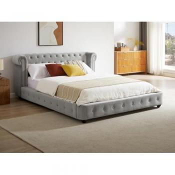 Cama Chesterfield 160 x 200 cm - Terciopelo Gris Claro + Colchón TONGERLA
