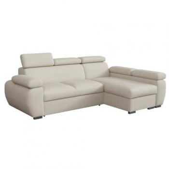 Sofá rinconero Columbus 132 con función de descanso y caja de ropa de cama, 255x170x85cm, color marrón claro