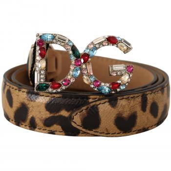 Dolce & Gabbana Brown Leopard Leather DG Crystals Buckle Belt - 70 cm / 28 Inches
