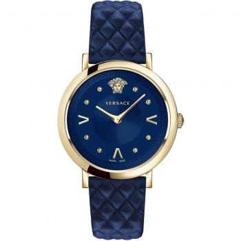 Versace Chic Blue Leather Gold Steel Watch for Women, One Size