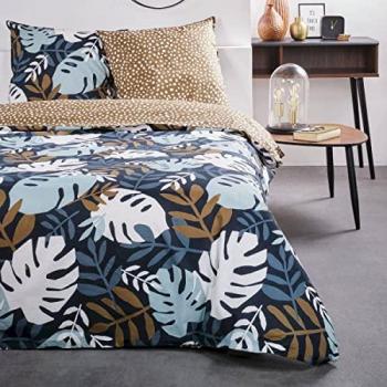 Juego de funda nórdica reversible Sunshine en algodón estampado Monstera - Bronce/Azul - 220 x 240 cm