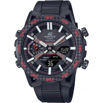 Casio Edifice ECB-2000PB-1AEF Men's Watch - Bluetooth connectivity, solar-powered, chronograph function, 100-meter water resistance, stainless steel case, black resin strap, LED light, world time function, scratch-resistant mineral