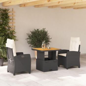 3-Piece Black Poly Rattan Garden Dining Set with Cushions
