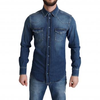 Dolce & Gabbana Blue Cotton Stretch Long Sleeves Denim Shirt - IT38 | XS, Size: S