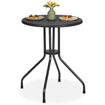 Mesa Jardín Redonda Efecto Ratán 73 x 60 cm, Mesita de Exterior Plástico y Acero Negro