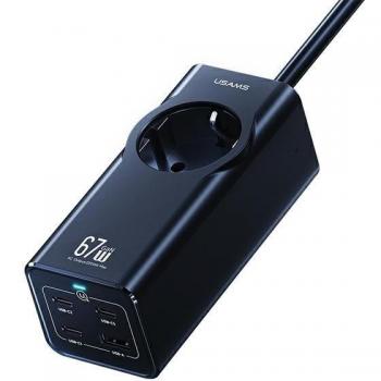Regleta de Alimentación Usams 67W con 3 Puertos USB-C y USB, Carga Rápida, Color Negro