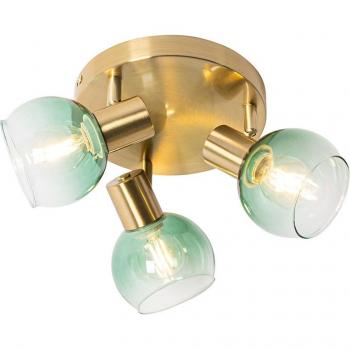 Plafón Art Déco dorado con cristal verde y 3 luces - Vidro