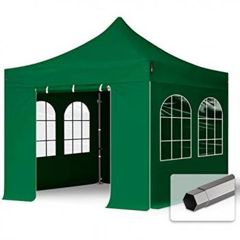 Carpa Plegable 3x3m Premium Acero 40mm con Laterales y Ventanas Arco, Verde Oscuro