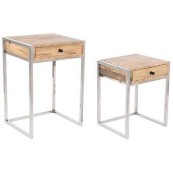 Juego de 2 mesas Home ESPRIT Marrón Plateado Natural Acero Madera de mango 45,5 x 41 x 66,5 cm