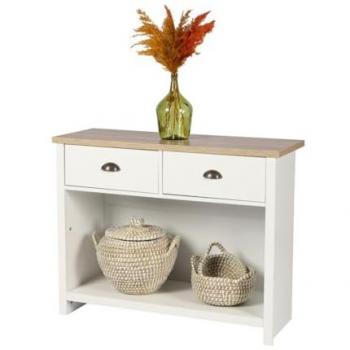 Consola Colonial con 1 Estante y 2 Cajones - 97x35xH76 cm, Color Blanco y Tapa de Roble Claro - Colección Madera