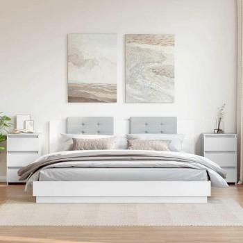 Comodín Blanco Brillante 2pz con Dimensiones 40x35x62,5 cm en Madera Multicapa y Cabecero LED con Luces Azul de 200 cm en Tela