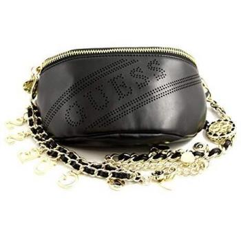 Guess Bolso riñonera mujer piel negra con logotipo perforado cinturón con cadena y colgantes bolsillos interiores. Negro Size: M