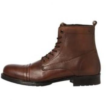 Jack & Jones Men's Classic Brown Leather Lace-Up Boots with Zipper – Model 12241142